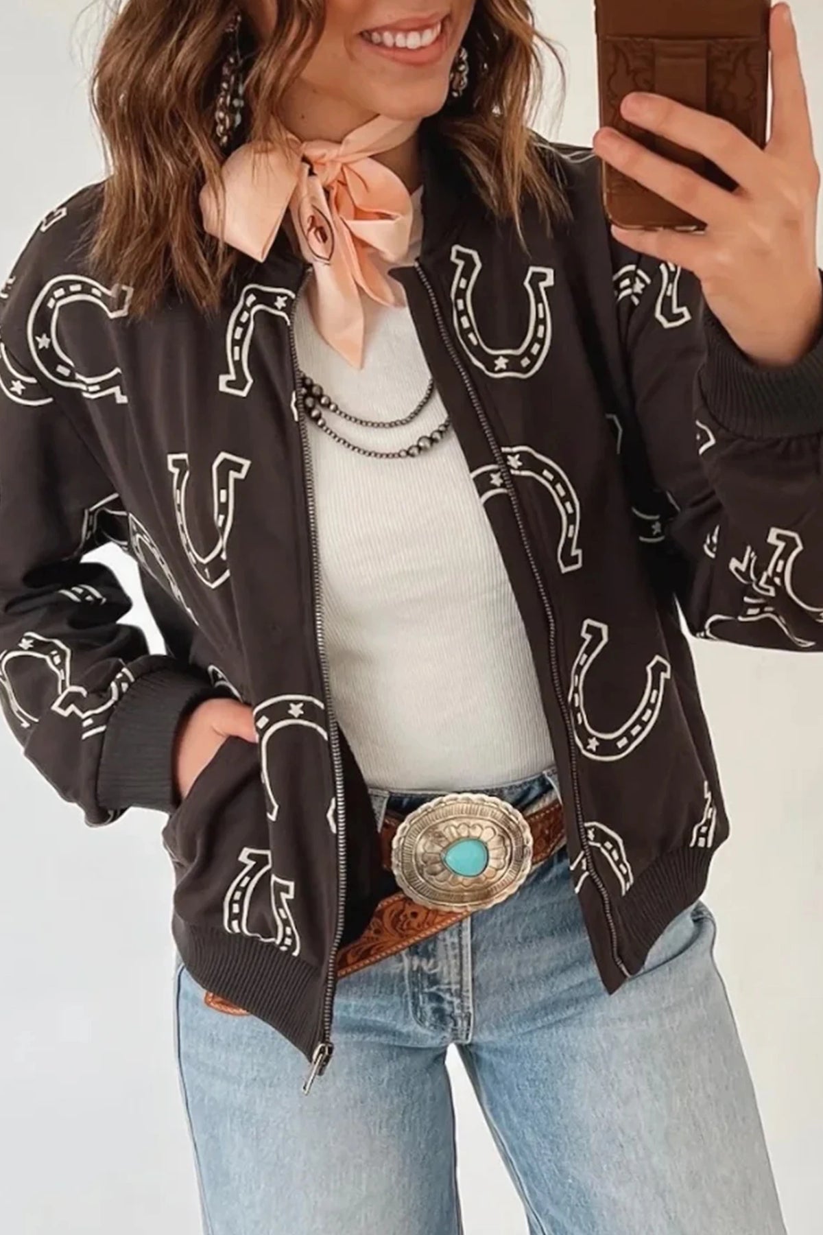 Brown Western  Print Zipper Jacket