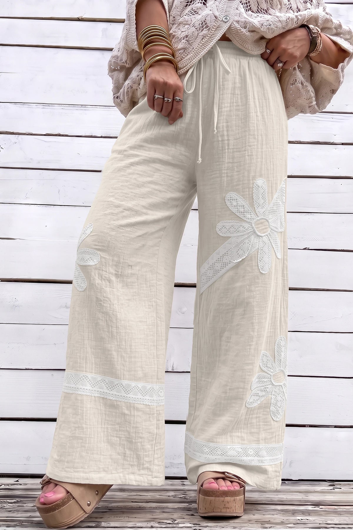 White Floral Lace Patchwork Boho Wide Leg Pants