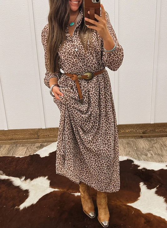 Leopard Print 3/4 Sleeve Buttoned Dress