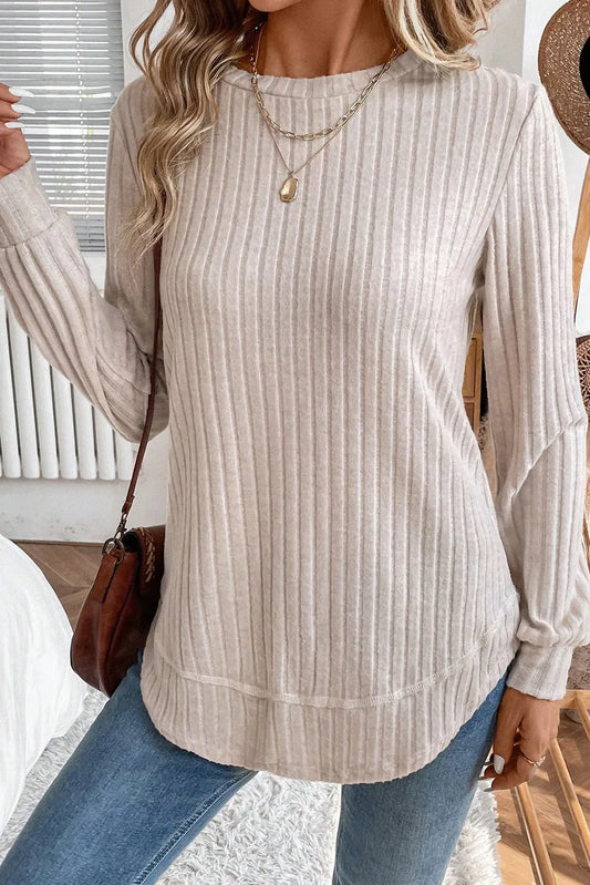 Ribbed Texture Round Neck Long Sleeve Rounded Hem Knit Top