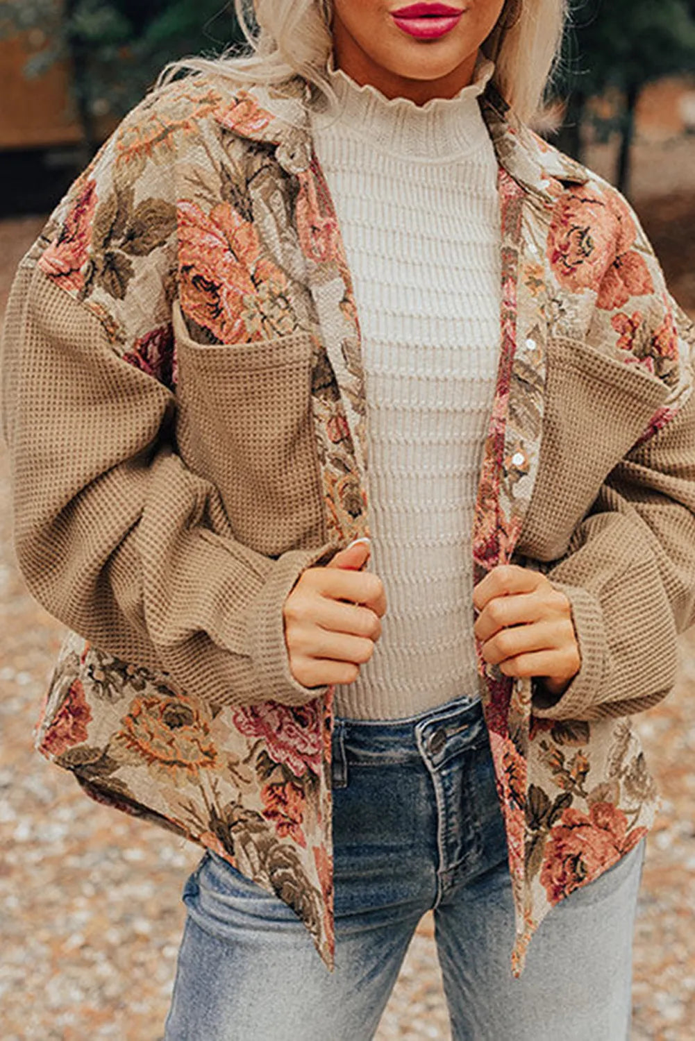 Floral Waffle Knit Patchwork Chest Pockets Buttoned Jacket