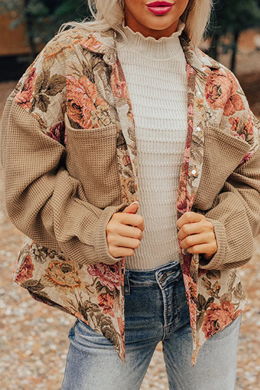 Floral Waffle Knit Patchwork Chest Pockets Buttoned Jacket