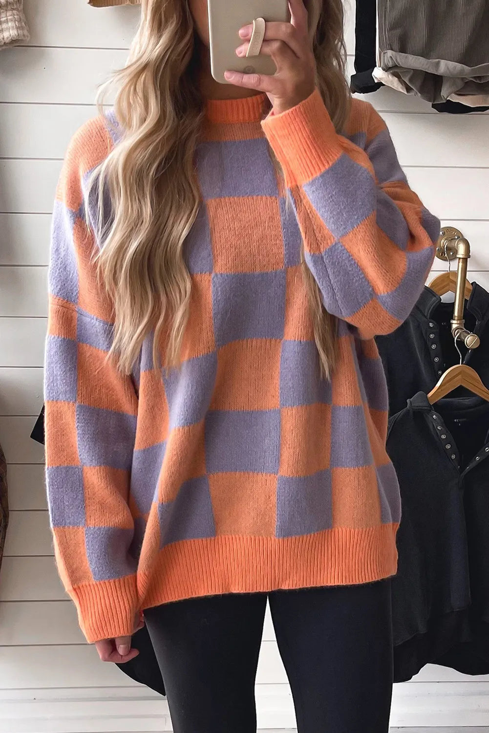 Orange Ribbed Trim Checkered Pattern Knit Baggy Sweater