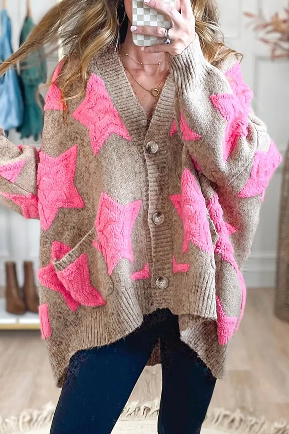 Sherpa Star Pattern Textured Sweater Cardigan with Pockets