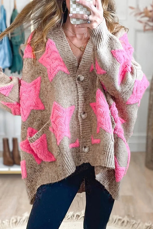 Sherpa Star Pattern Textured Sweater Cardigan with Pockets