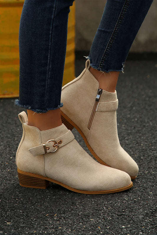 Classic Buckle Strap Chunky Heel Suede Boots