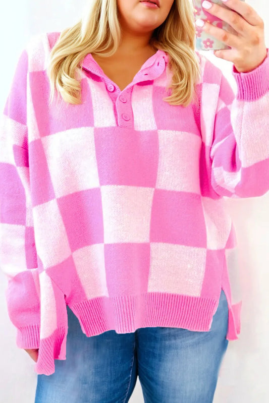 Checkerboard Half Button Collared Drop Shoulder Sweater