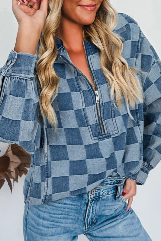 Blue Checkerboard Zipped Neck Kangaroo Pocket Denim Hoodie