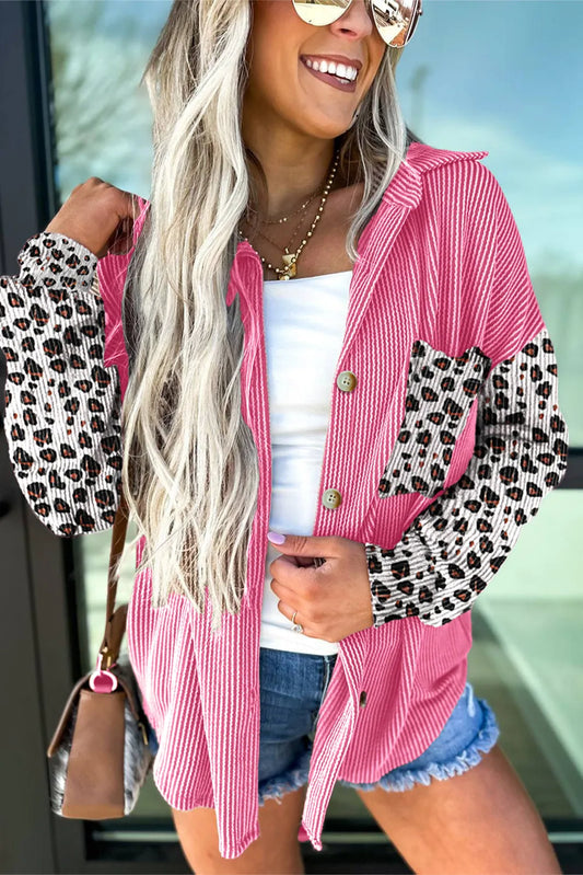 Rose Red Leopard Patched Twisted Ribbed Western Casual Shacket
