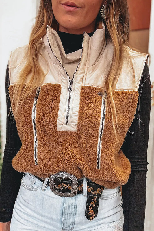 Color Block Plush Patchwork Zipper Stand Neck Vest
