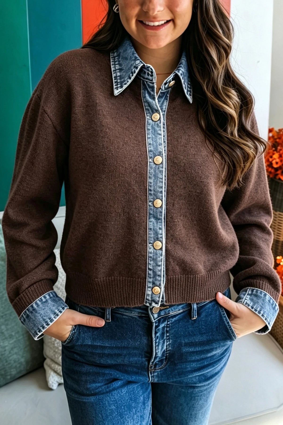 Coffee Denim Button Down Sweater