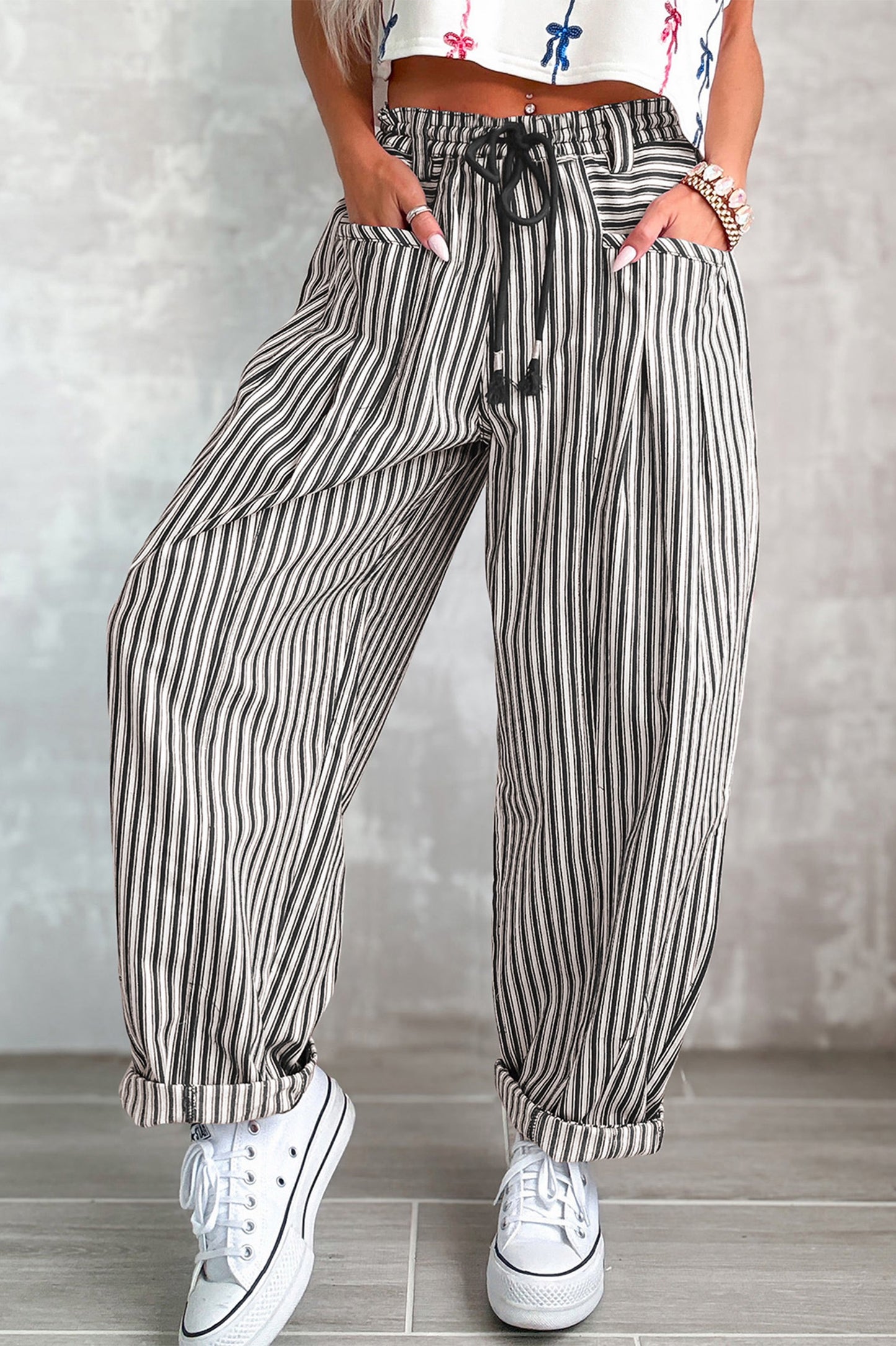 Black Stripe Drawstring Casual Loose Pants