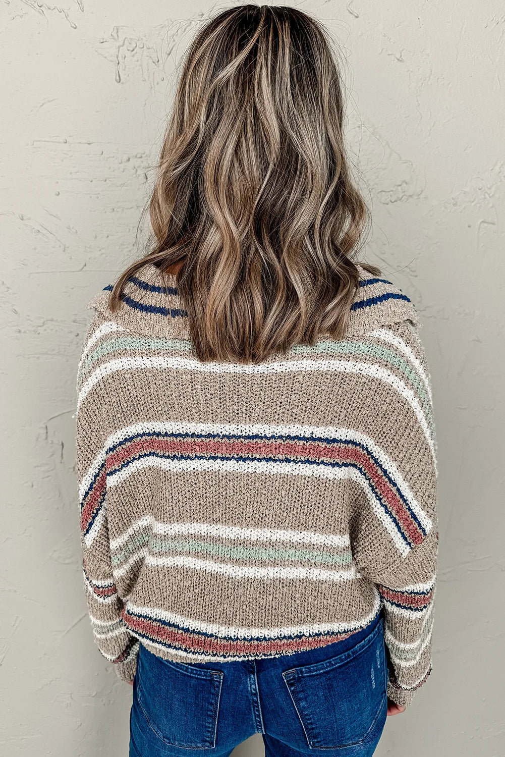 Stripe Collar V Neck Drop Shoulder Loose Sweater
