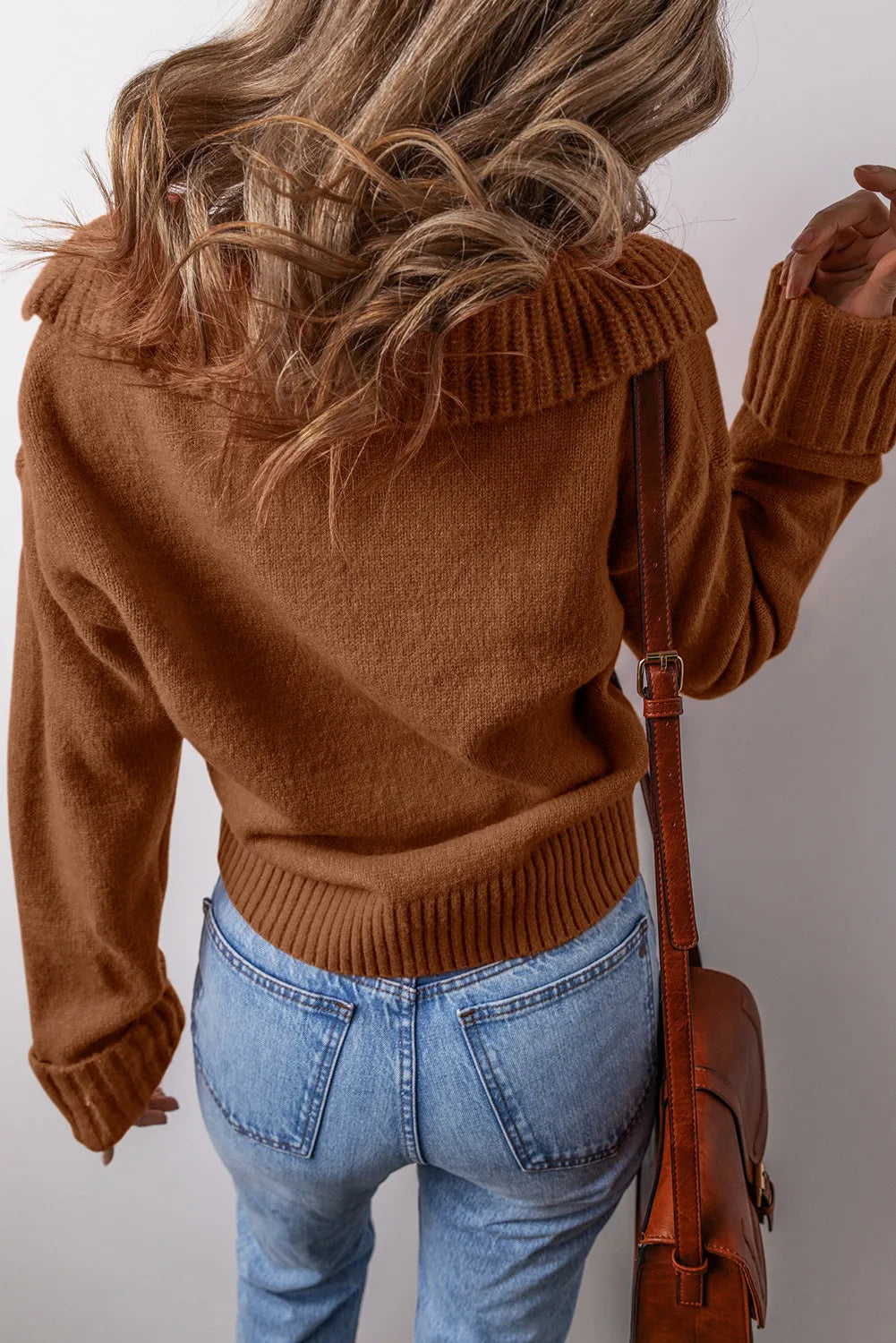 Collared V Neck Ribbed Edge Sweater