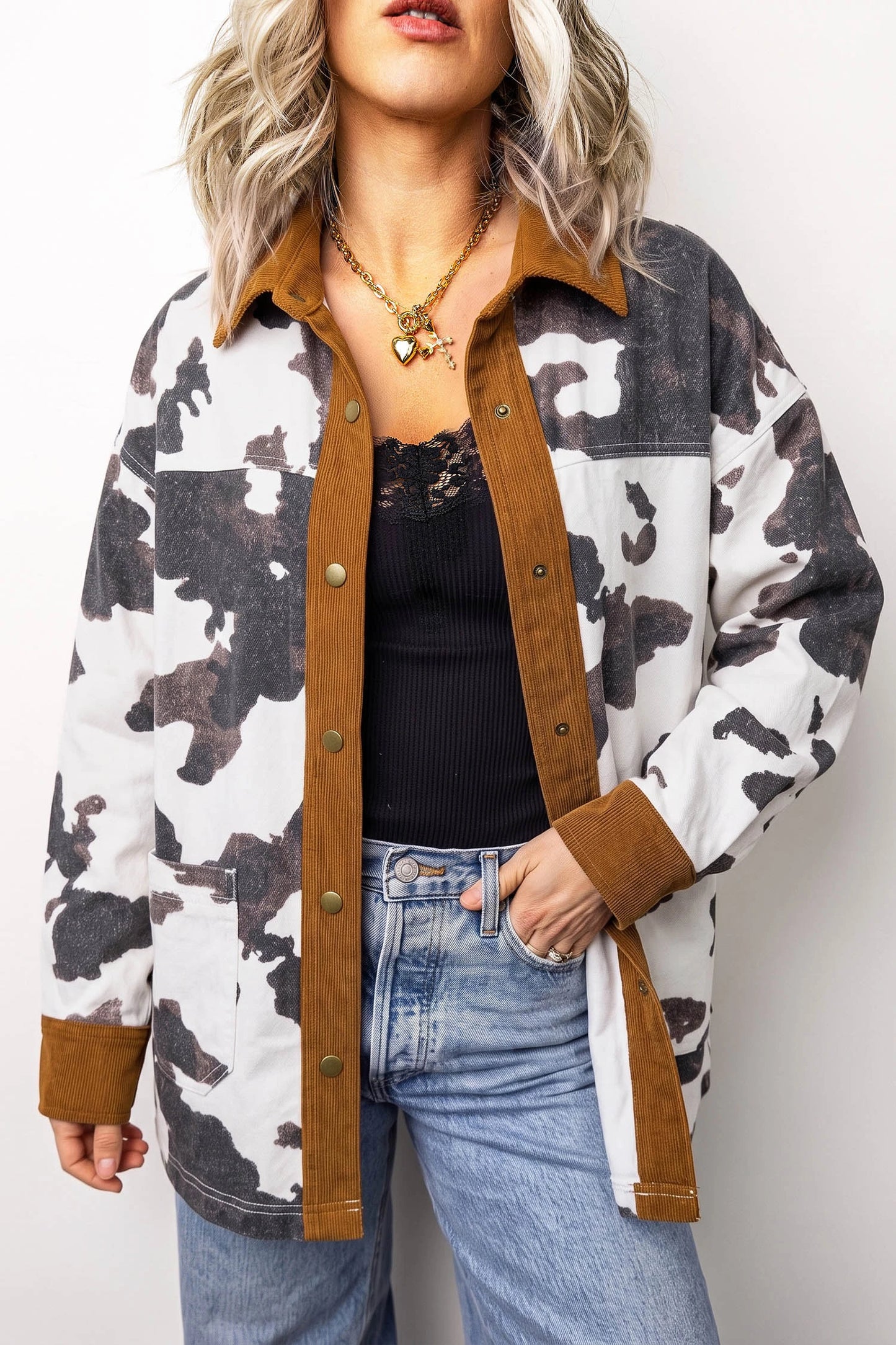 Western Cow Print Button-Up Denim Jacket