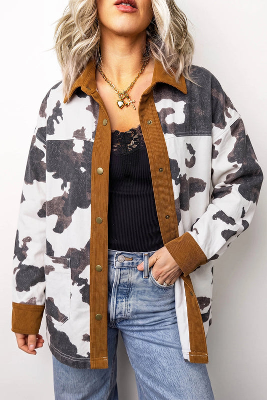 Western Cow Print Button-Up Denim Jacket