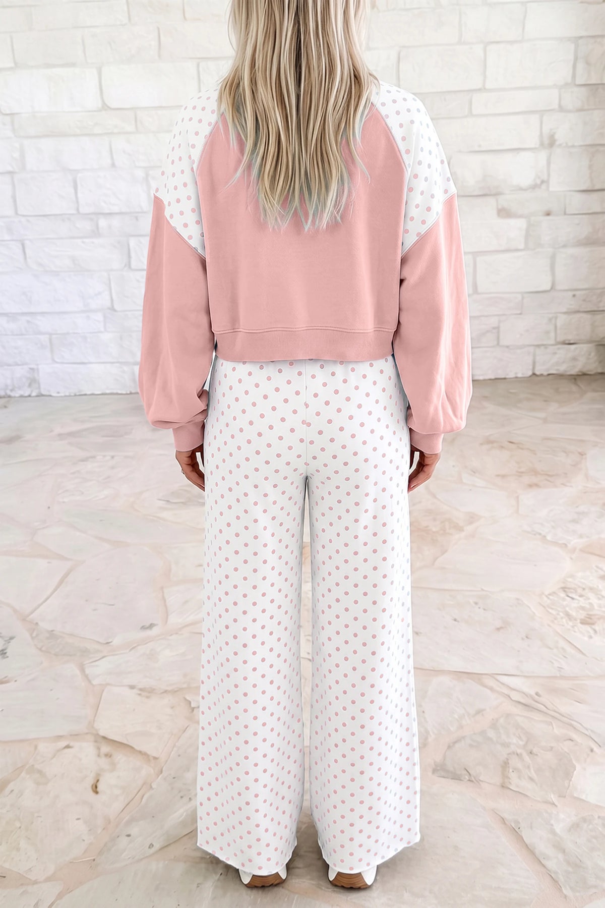 Pink Polka Dot Casual Two Piece Pants Set