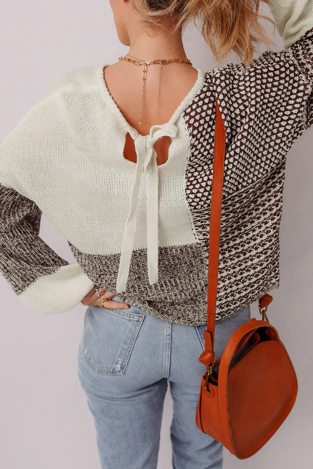 Color Block Back Tie Drop Shoulder Loose Sweater