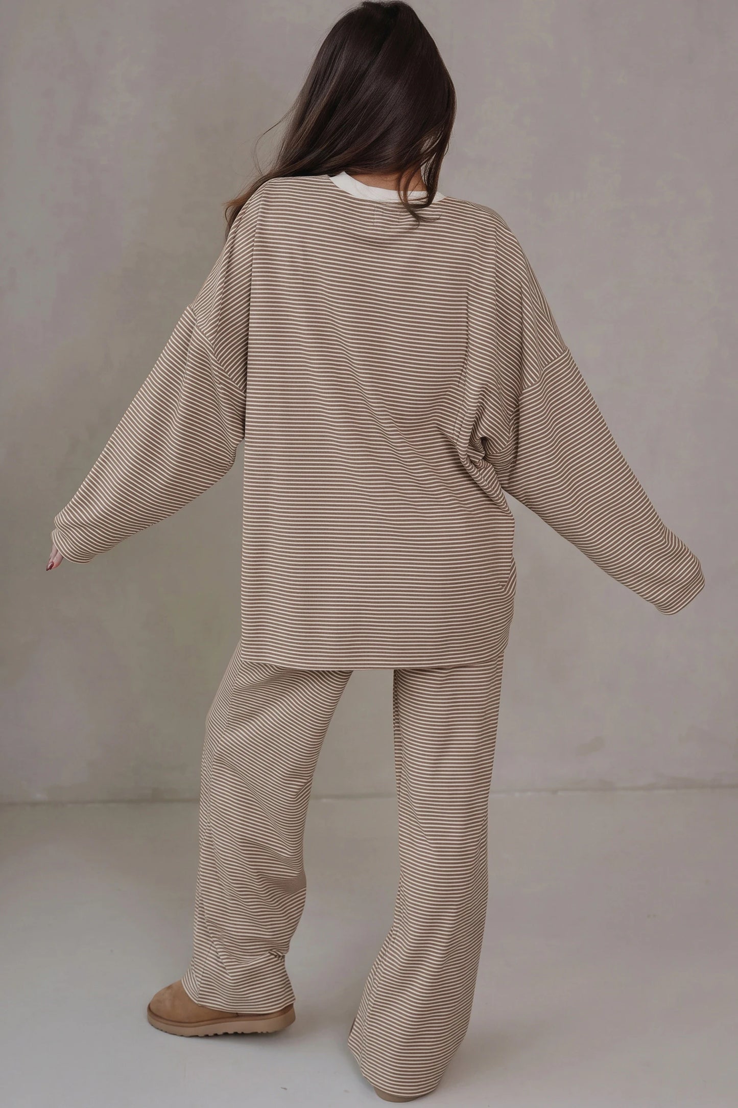 Beige Stripe Oversize  Top 2pcs Set