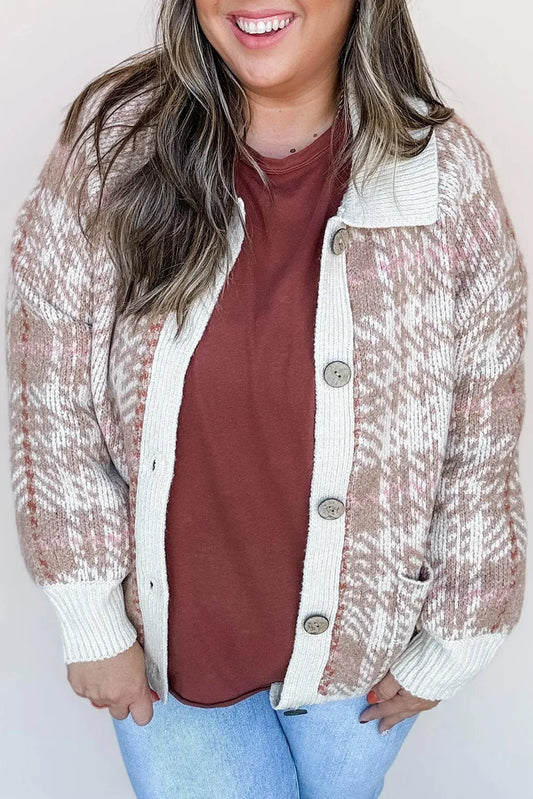 Vintage Pattern Knit Ribbed Trim Button Front Plus Size Sweater Cardigan