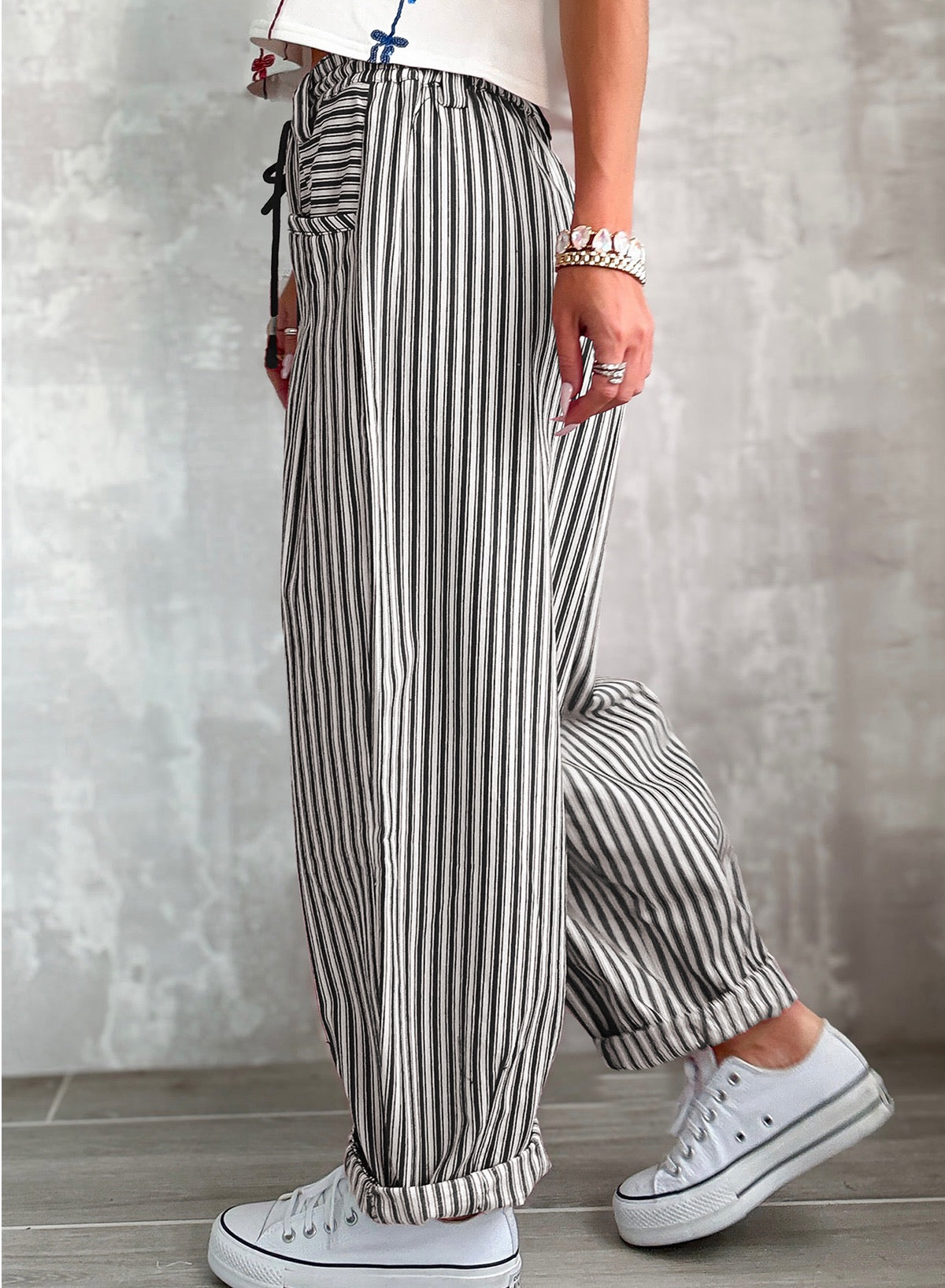 Black Stripe Drawstring Casual Loose Pants