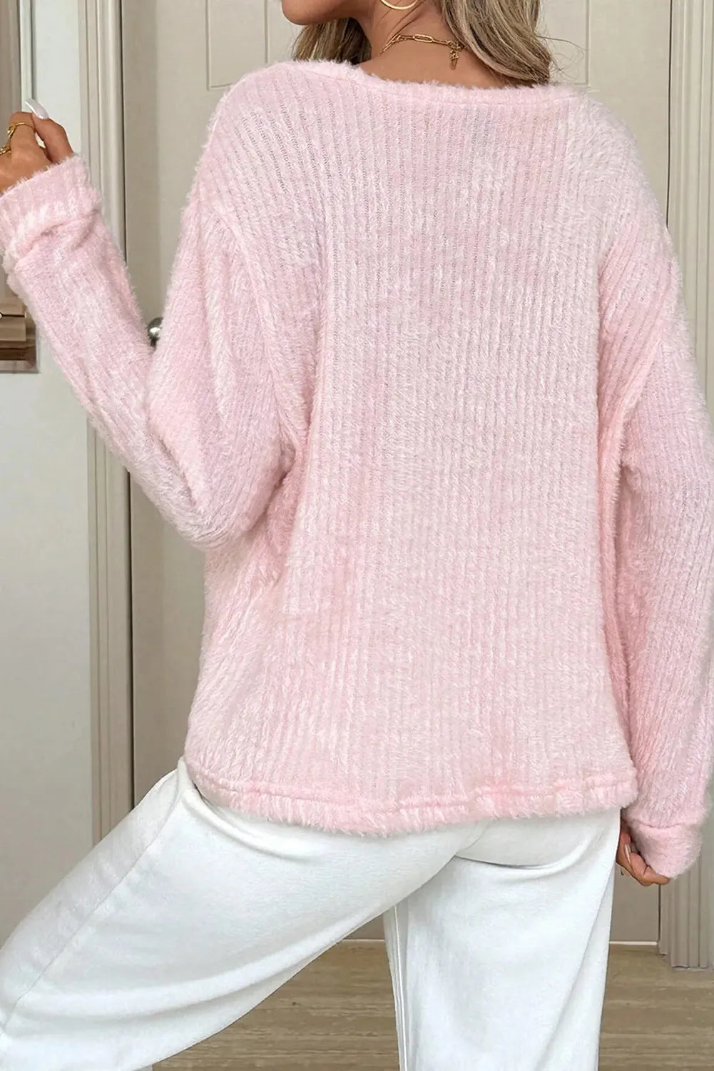 Fuzzy Ribbed Texture Round Neck Long Sleeve Top