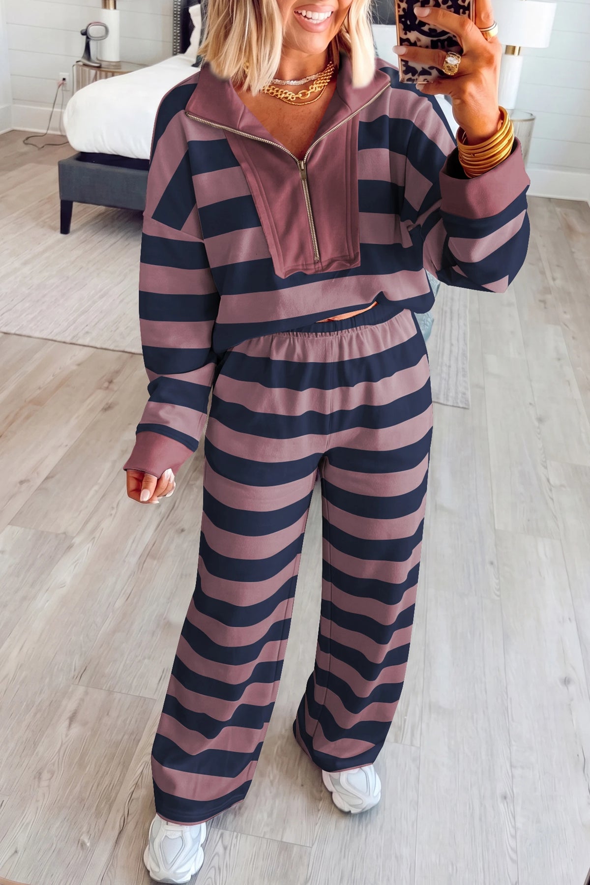 Stripe Zip Top/Elastic Waist Pants Set
