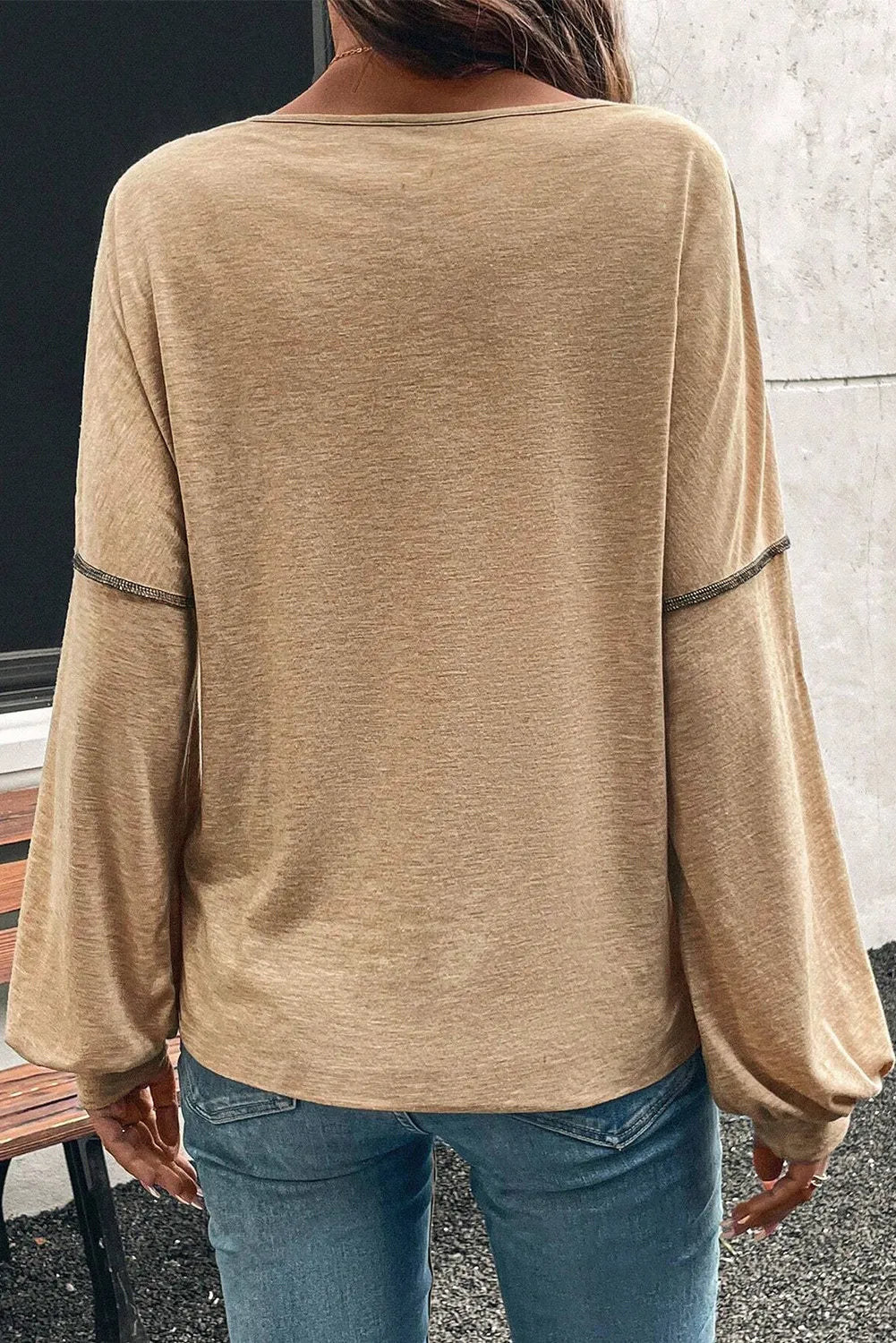 Exposed Stitching Colorblock V Neck Long Sleeve Top