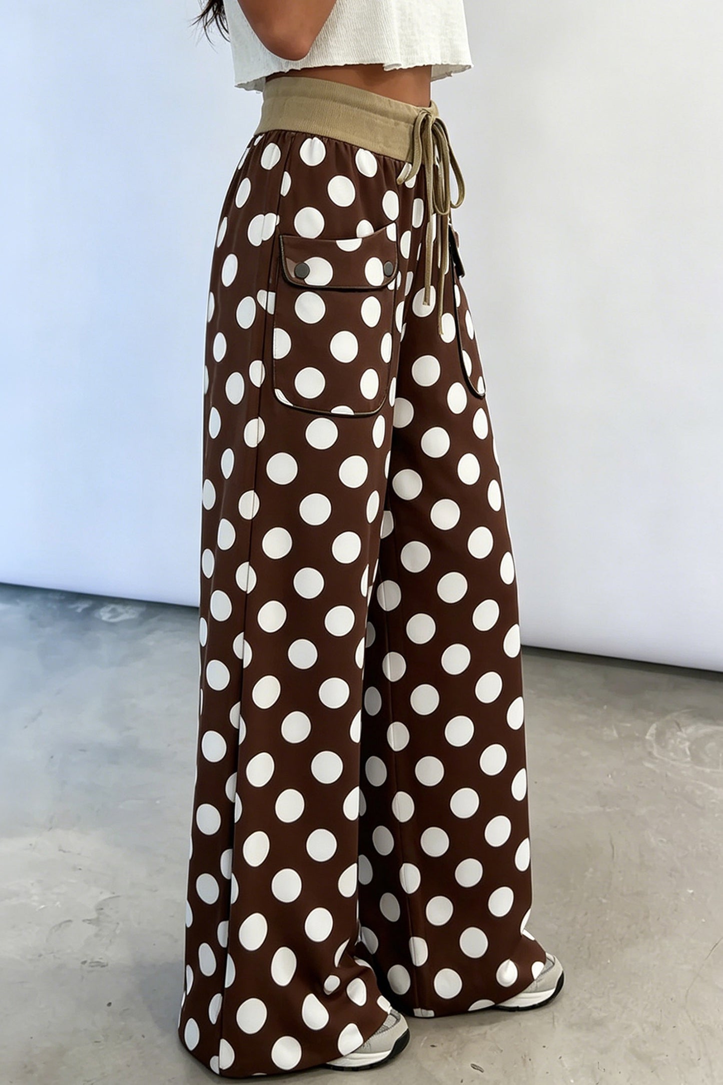 Brown Polka Dot Drawstring Pocket Wide Leg Pants