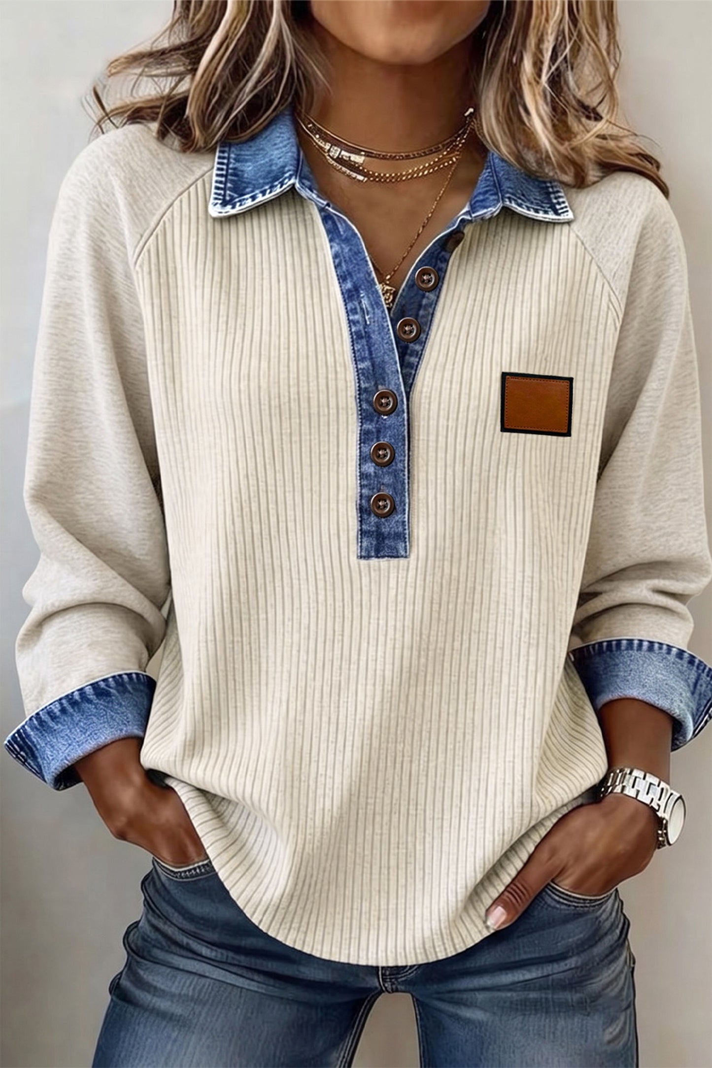 Light Grey Tunic Top with Denim Collar Blouse