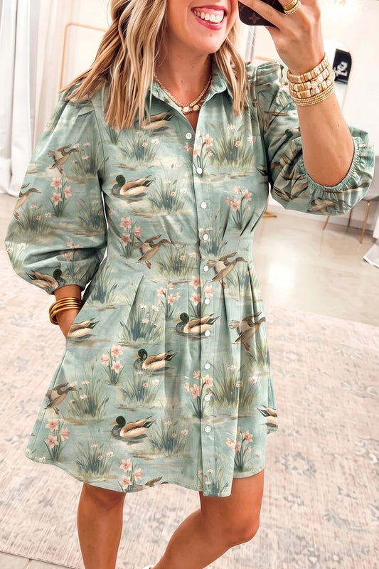 Green Floral Duck Print Pleated Dress