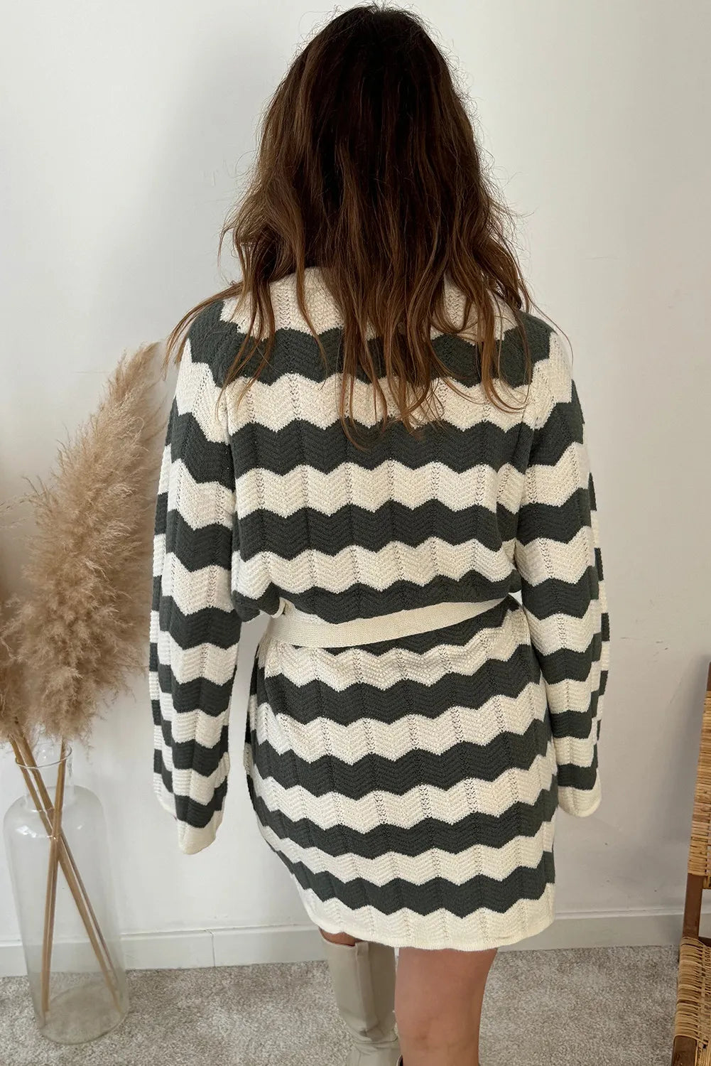 Stripe Loose Sleeve Belted Shift Sweater Dress