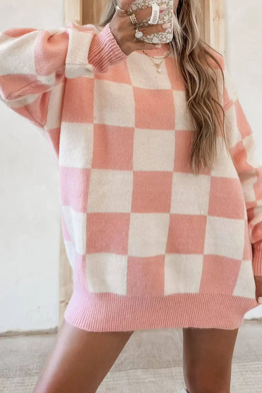 Checkered Pattern Knit Drop Shoulder High Neck Sweater Dress