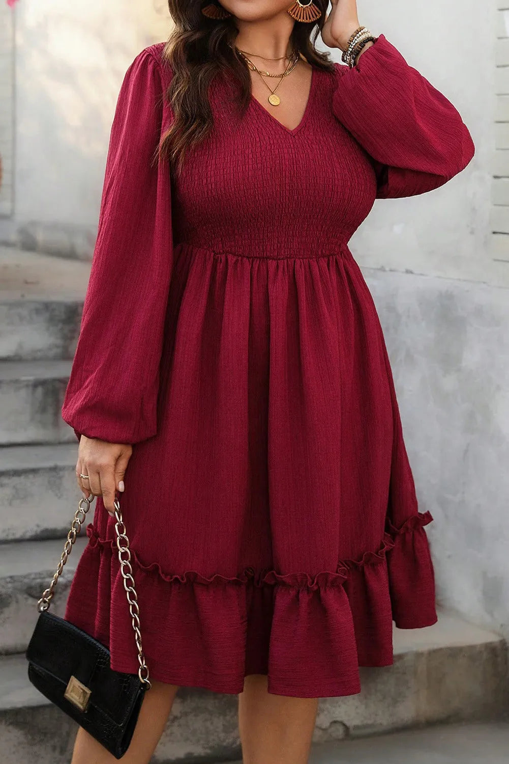 Shirred A-Line Long Sleeve Ruffle Hem Midi Dress