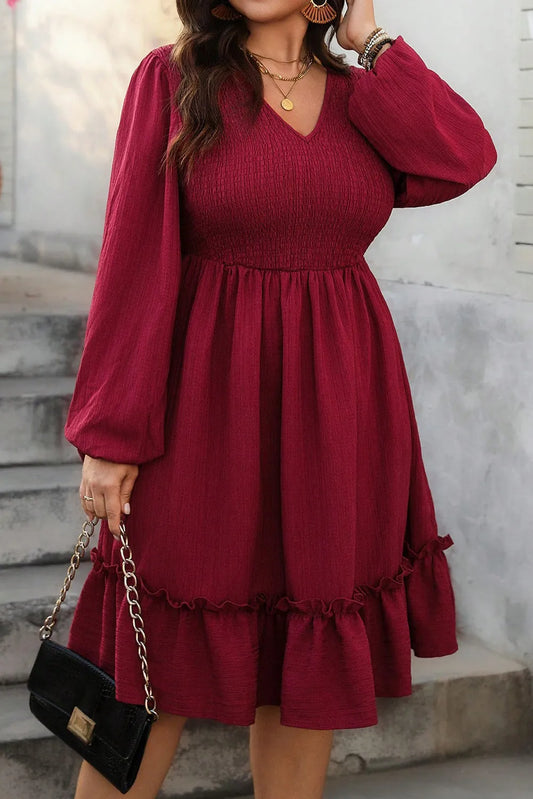 Shirred A-Line Long Sleeve Ruffle Hem Midi Dress