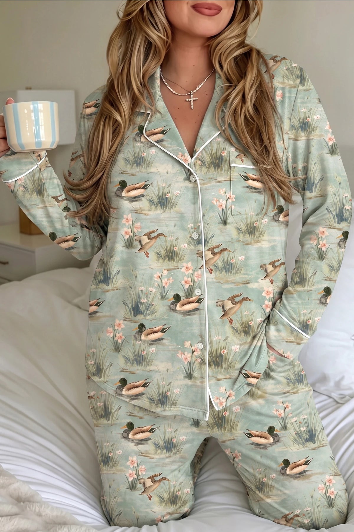Green Floral Duck Print Top 2pcs Pajama Pant Set
