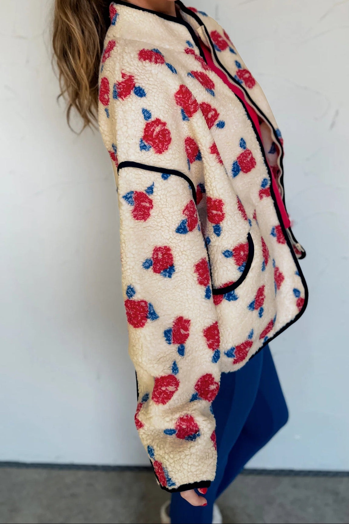 Floral Print Zipper Fleece Coat