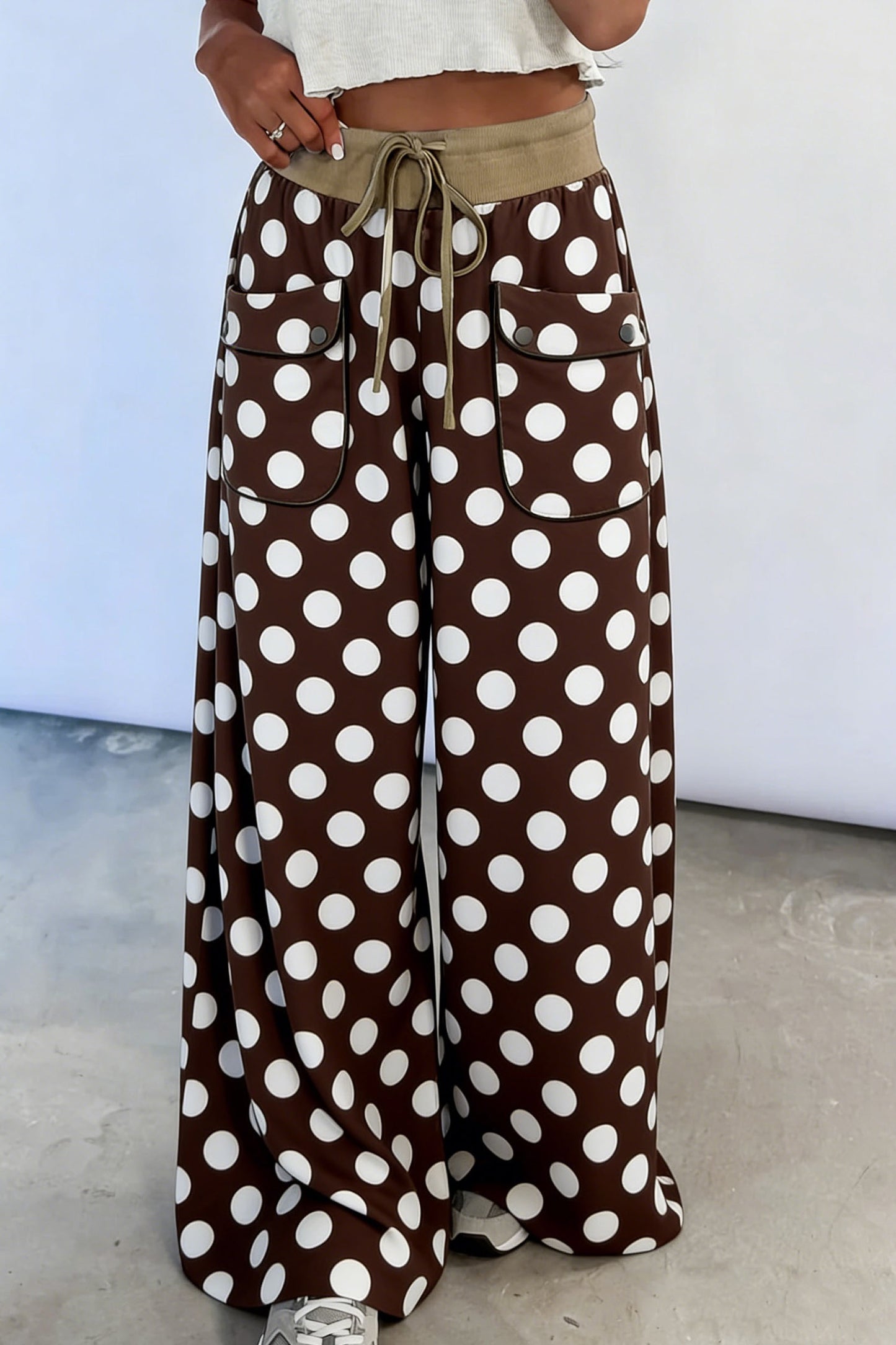 Brown Polka Dot Drawstring Pocket Wide Leg Pants