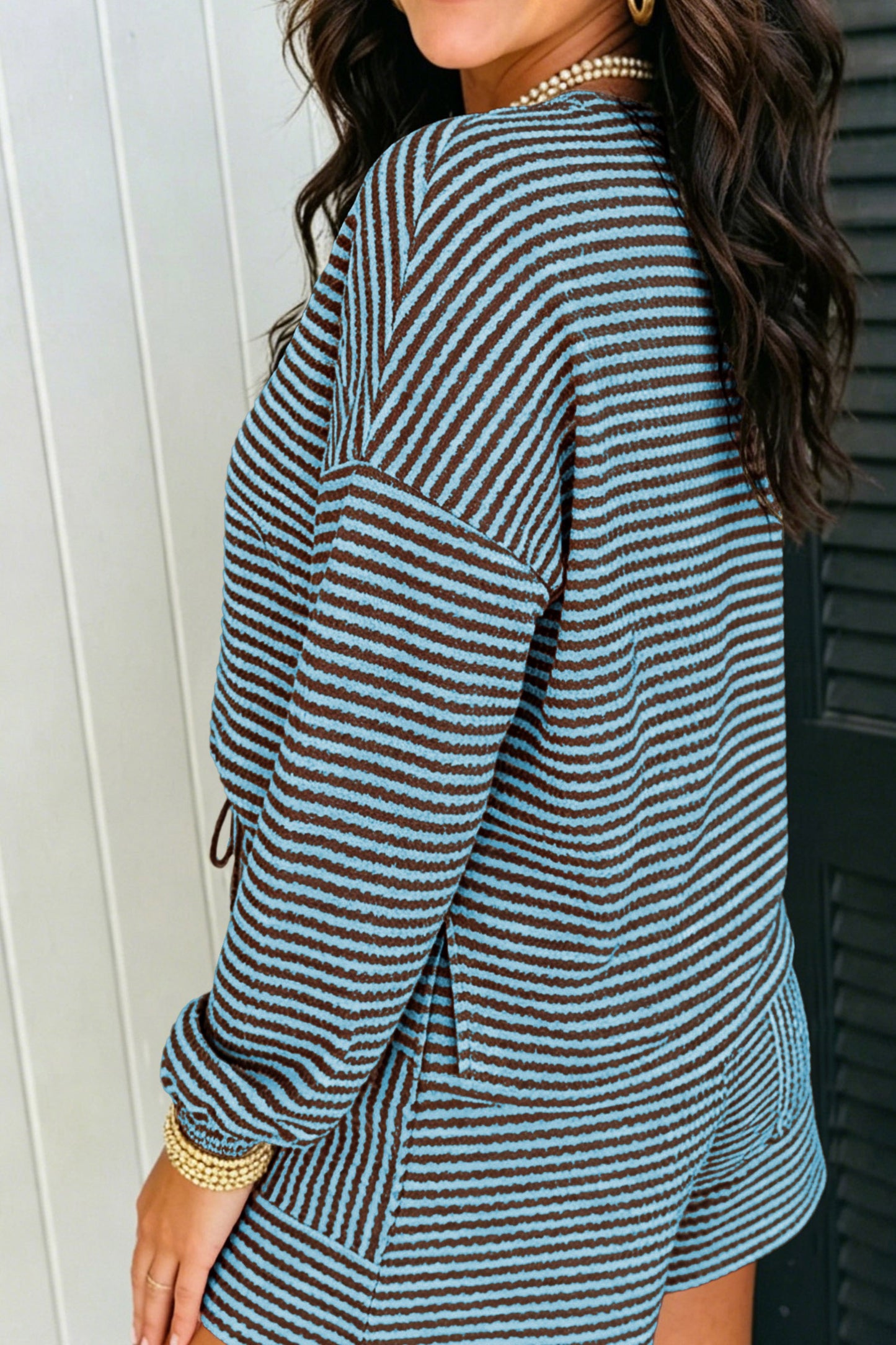 Sky Blue Stripe Top/ Elastic Waist Shorts Set