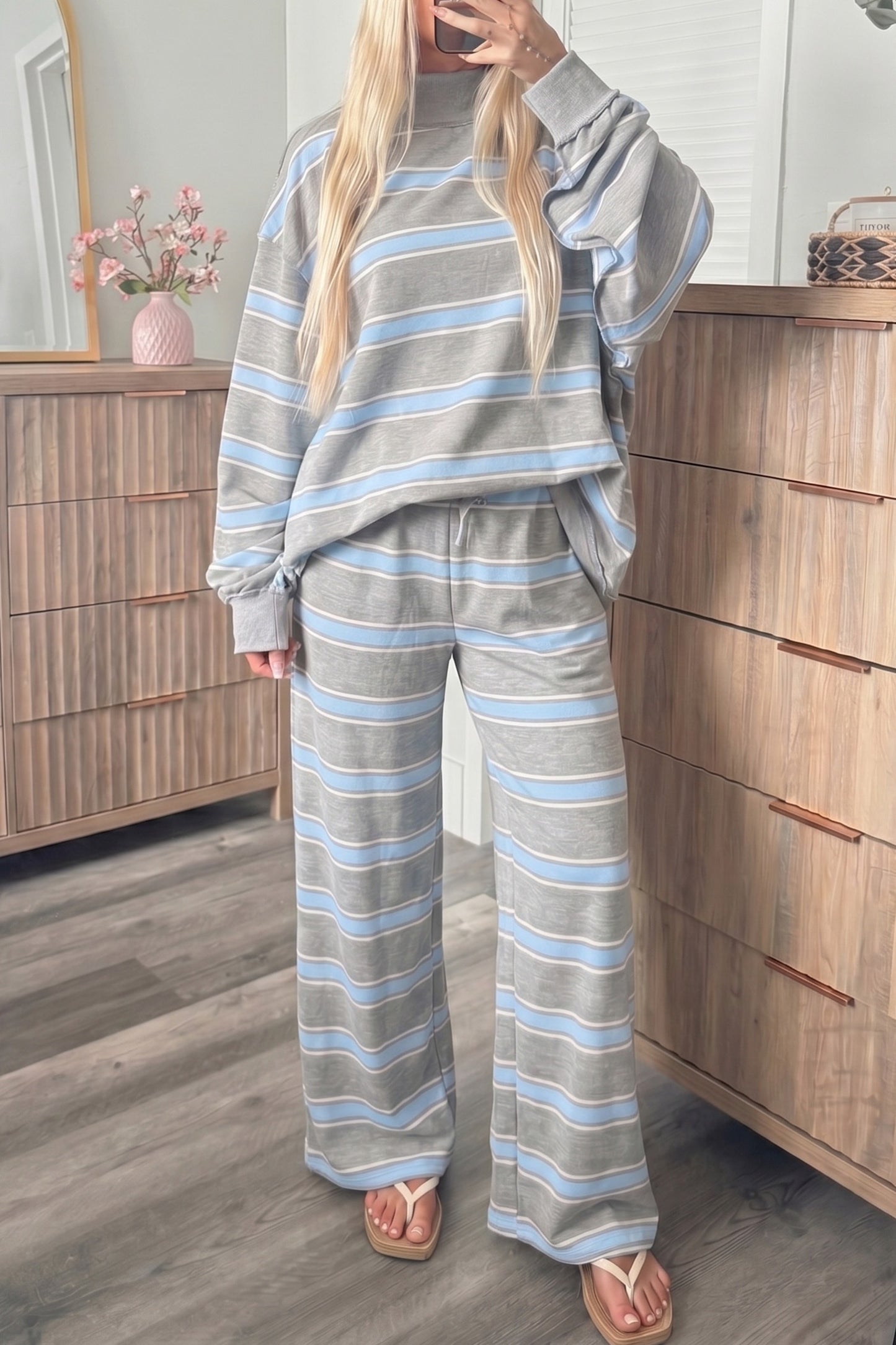 Sky Blue Stripe Mock Top and Loose Pants set