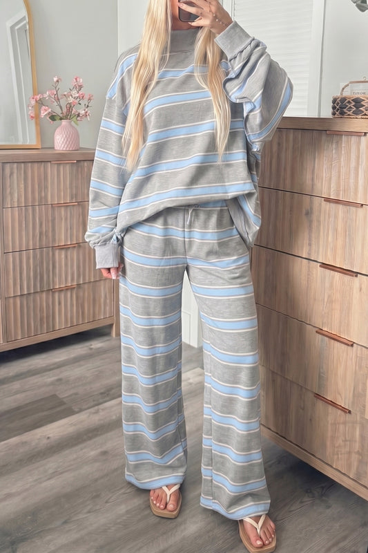 Sky Blue Stripe Mock Top and Loose Pants set