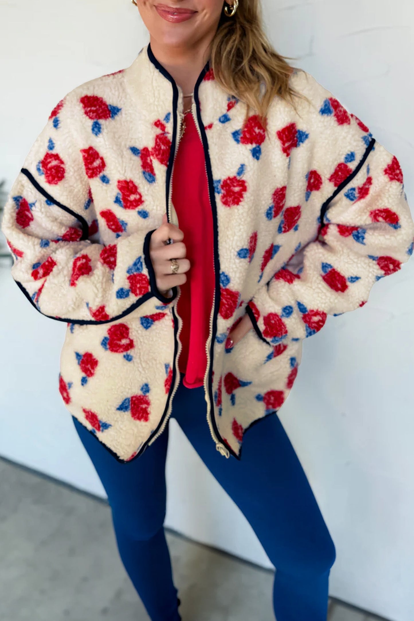 Floral Print Zipper Fleece Coat