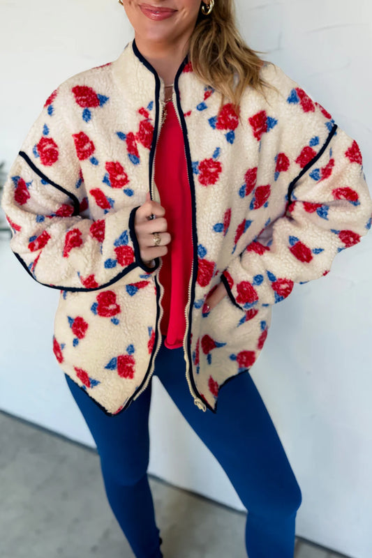 Floral Print Zipper Fleece Coat