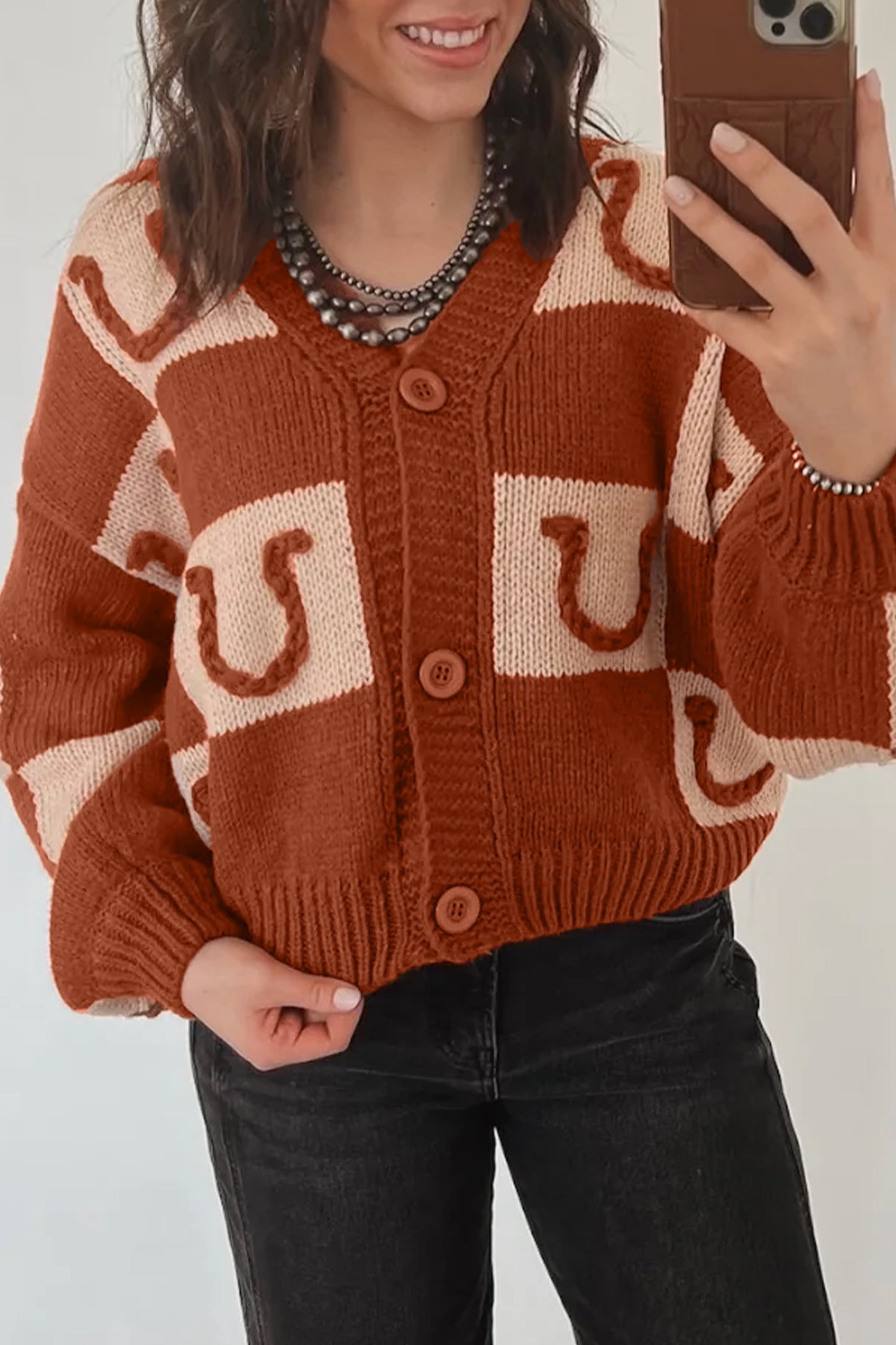 Brown Horseshoe Knit Button Front Sweater Cardigan