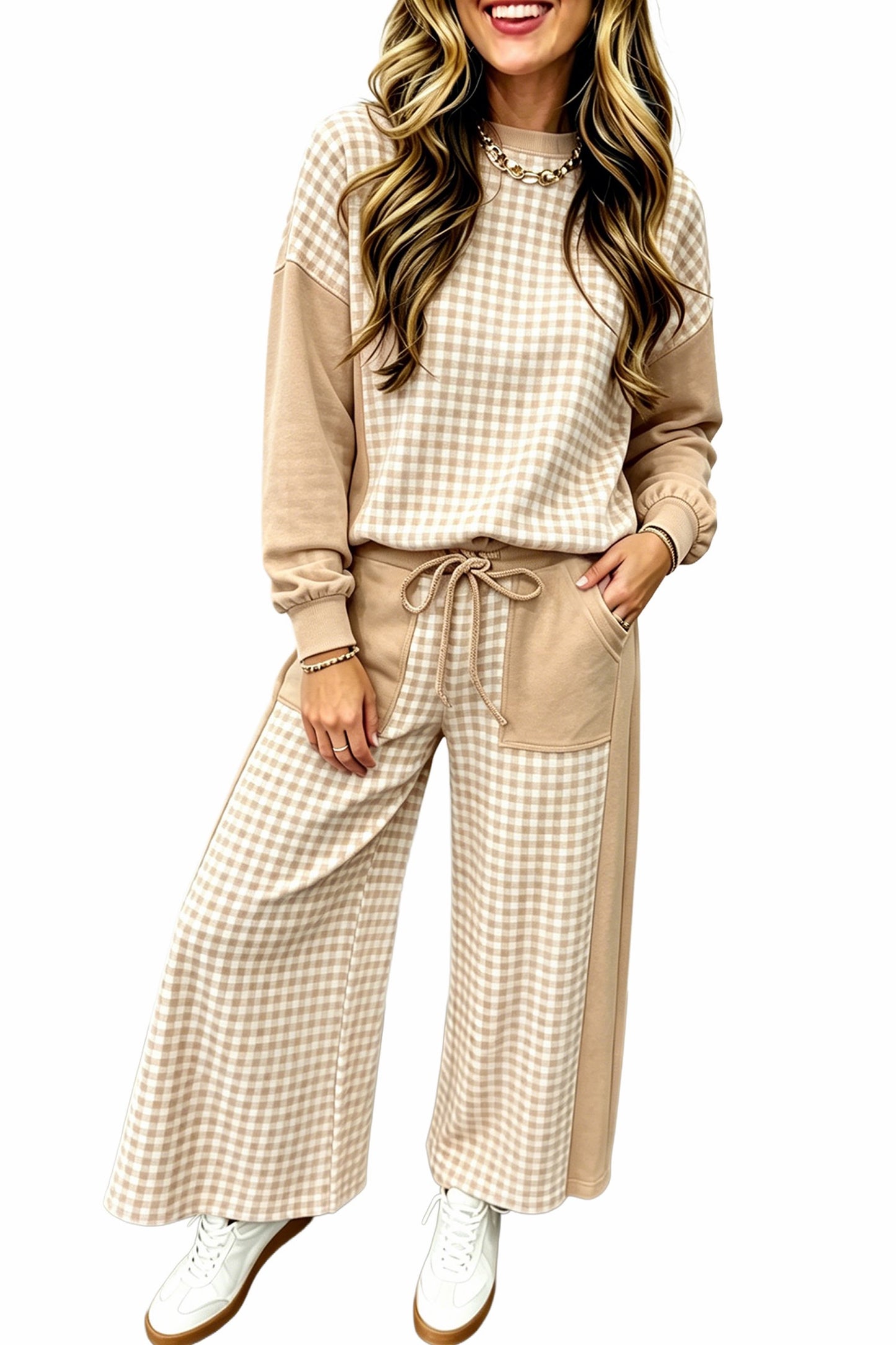 Khaki  Plaid Pullover/ Pant Set