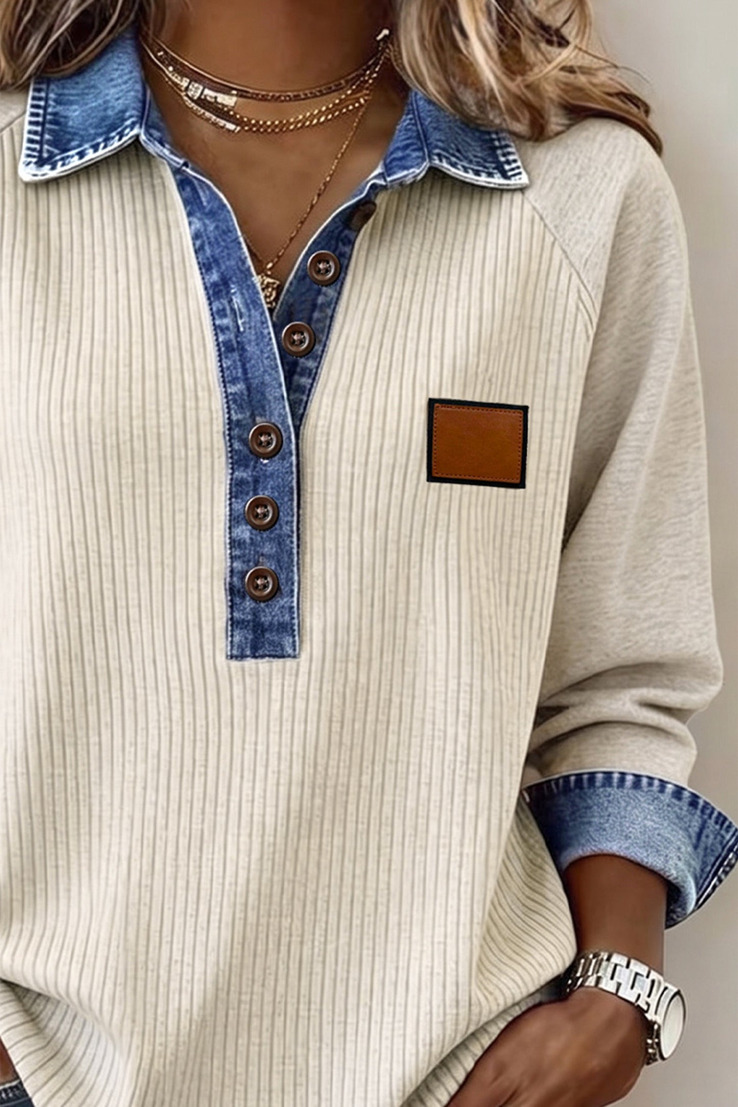 Light Grey Tunic Top with Denim Collar Blouse
