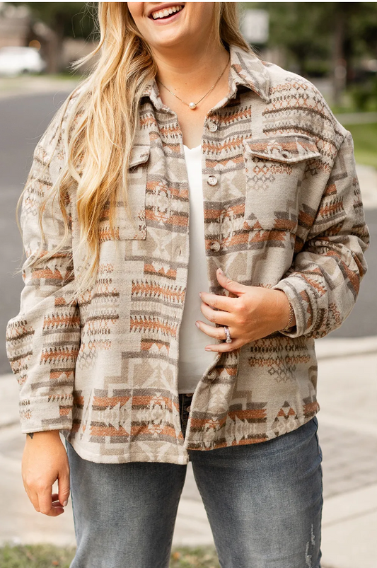 Aztec Geometric Print Pockets Plus Size Jacket