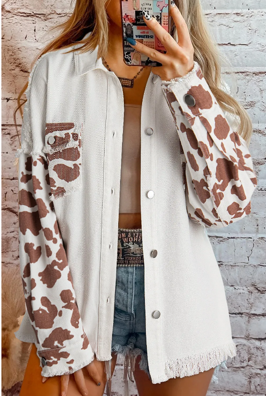 Cow Spot Patchwork Flap Pocket Distressed Hem Long Denim Jacket