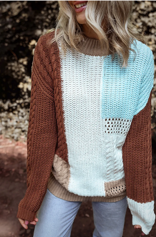 Mix Textured Knit Colorblock Patchwork Sweater