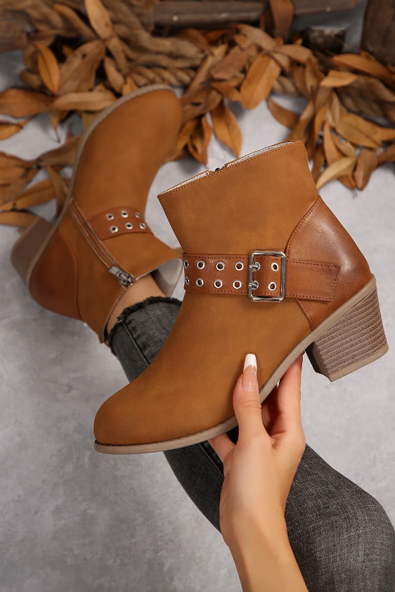 Eyelet Buckled Chunky Heel Faux Leather Ankle Boots